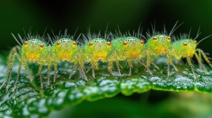 Fototapeta premium A close-up of green caterpillars lined up on a leaf, showcasing their vibrant colors and textures.