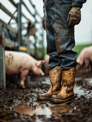 Farm worker in muddy boots standing in pig pen during overcast day, surrounded by pigs on agricultural land
