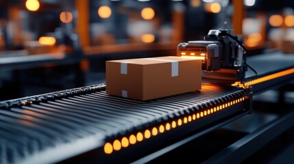 Automated package handling system in a modern warehouse at night with bright lights and advanced technology in action