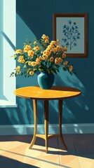 Yellow flowers in a blue vase brighten a wooden table in a sunlit room with blue walls and a framed botanical print