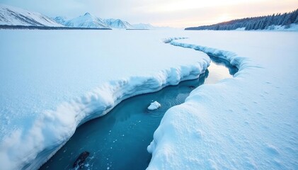 Obraz premium Meandering ice path through pristine snow and ice, winding, frozen