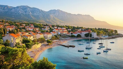 Fototapeta premium Coastal Town Nestled Beside Majestic Mountains at Sunset