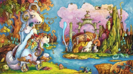 Whimsical fantasy landscape with surreal creatures and magical scenery