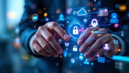 Securing the Digital Landscape, Hands Interacting with a Network of Security and Communication Icons, Emphasizing Data Protection and Technological Connectivity,