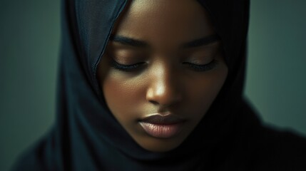 Naklejka premium Young woman in a black hijab with a serene expression focused on her thoughts in a softly lit environment
