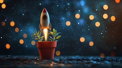 Small rocket launching from a flower pot, symbolizing growth and innovation in a creative environment