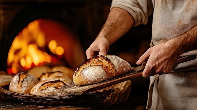 Skilled baker removes freshly baked loaves from a wood-fired oven in a rustic bakery, showcasing traditional baking techniques and artisanal craftsmanship