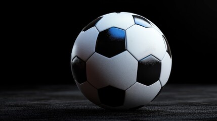 Naklejka premium Close-up shot of a classic black and white soccer ball, resting on a dark surface. A captivating image representing the essence of the beautiful game.