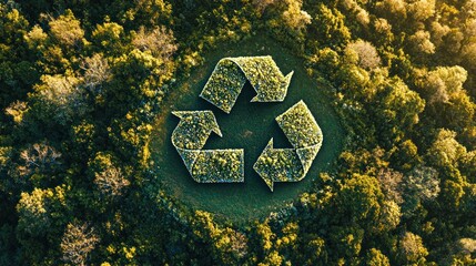 Aerial View of a Recycling Symbol Formed by Lush Greenery in a Forest