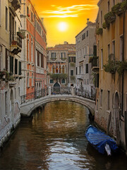 Channel in Venice. Romantic view of a Venetian channel on sunset. Sunset colors in Venice, Italy.