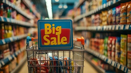 Shopping Cart Big Sale In Supermarket Aisle