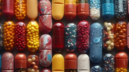 Multicolored capsules with a variety of pills and tablets. Great for medical and pharmaceutical publications as well as health and treatment articles.