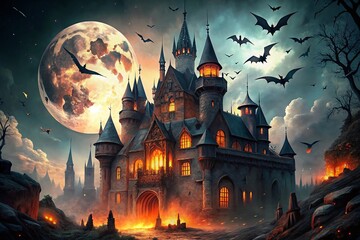Spooky Dracula Castle Halloween Full Moon Night Ghosts Bats Urban Exploration