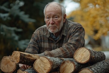 Senior lumberjack resting on pile of firewood in autumn forest