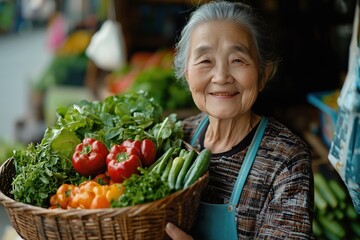 Elderly greengrocer holding wicker basket with fresh vegetables smiling at farmers market