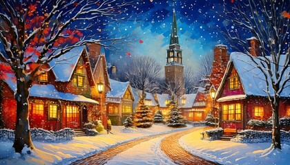 Evening view of a snowy street, Christmas atmosphere, retro style illustration