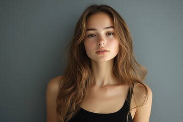 Young woman in black tank top and white trousers on gray background