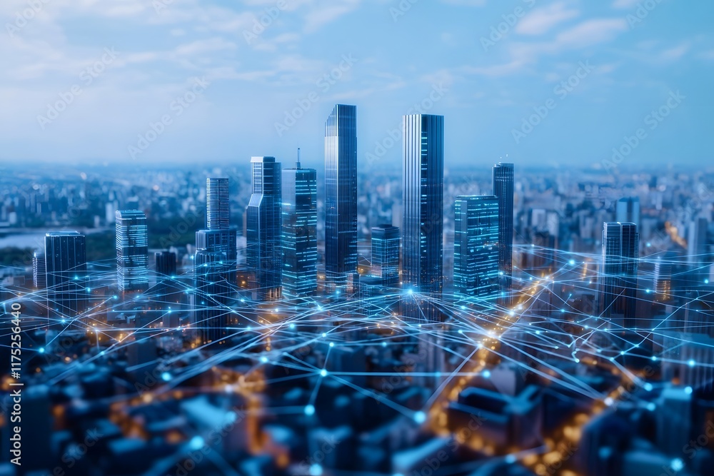 Poster futuristic skyline of interconnected smart metropolis with hyper real data visualizations
