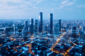 Obraz premium Futuristic Skyline of Interconnected Smart Metropolis with Hyper Real Data Visualizations