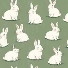 Fototapeta premium Sage green background with a cute pattern of white bunnies. 