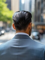 Stylish man in suit walking through a busy city street during the day