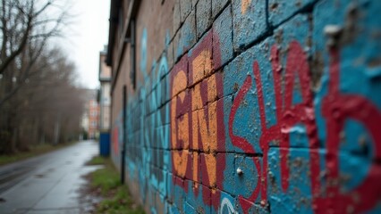 Close-up of Colorful Graffiti on a Brick Wall in an Urban Alleyway