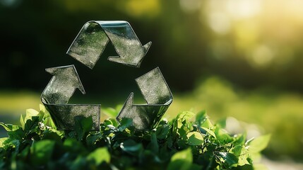 Recycling Symbol on Lush Greenery with Sunlight and Nature Background, highlighting eco-friendly and sustainability themes.
