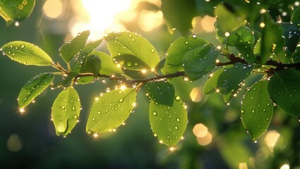 雨后阳光植物绿叶逆光露珠自然背景