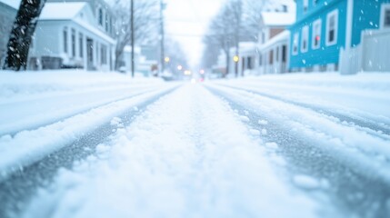 Snow-Covered Street Scene in a Winter Neighborhood Setting