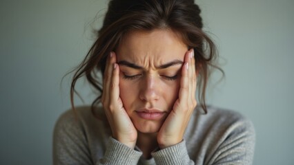 Stressed Young Woman Holding Her Head with a Worried Expression