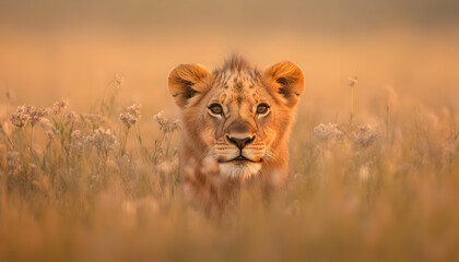 Fototapeta premium A curious lion cub peeks through the tall grass in a serene landscape, showcasing nature's beauty and wildlife.