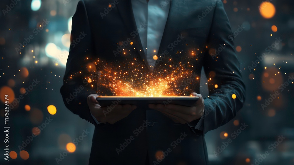 Poster a businessman in a suit holds a tablet displaying a vibrant digital explosion of lights and particle