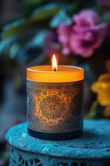 Warm glow of a scented candle on a tranquil evening showcases intricate designs surrounded by vibrant flowers in a peaceful setting