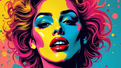 Bold pop art style portrait of woman with exaggerated colorful makeup, bright background, and expressive gaze in modern illustration