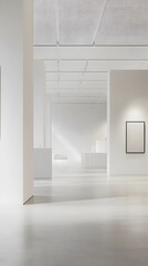 A minimalist exhibition hall with simple white walls, smooth floors, and high ceilings, offering open space for creative product displays and text space