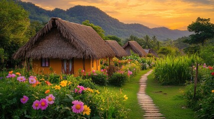 Thatched Cottages Amidst Vibrant Flowers And Mountains At Sunset