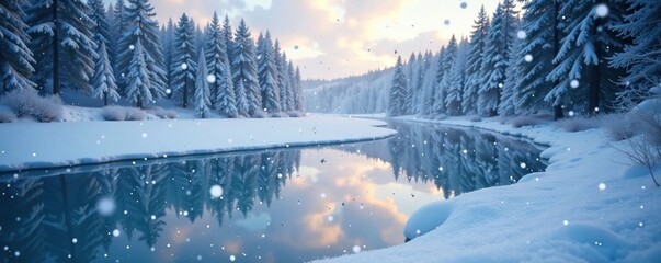 Snowflakes dance in the air above a frozen lake, icy surface, frosty weather, snowflakes