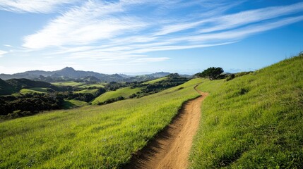 Serpentine trail winds through vibrant green rolling hills