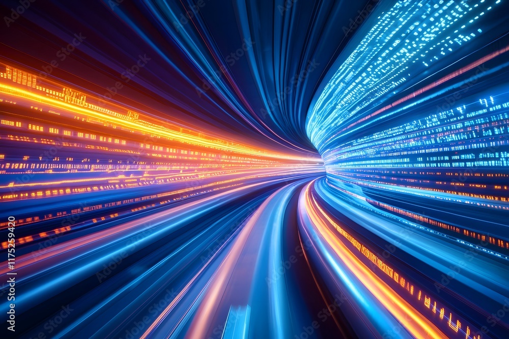 Poster high speed futuristic hyperloop railway with holographic passenger information display