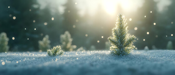 A serene winter scene with snow-covered trees and gentle sunlight filtering through the snowy landscape.