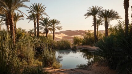 Obraz premium Oasis Palm Trees Desert Sands Still Water