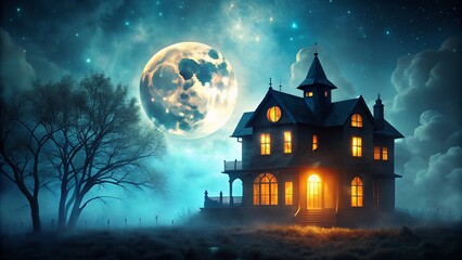 Spooky Moonlight Haunted House: Creepy Bokeh Night Scene Stock Photo