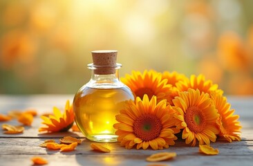 Calendula essential oil in glass bottle with fresh marigold flowers and petals on rustic wooden table in sunlight, natural herbal skincare and aromatherapy background