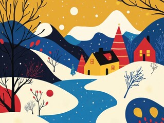 Fototapeta premium Colorful winter landscape featuring mountains, snow, and festive houses in a serene rural setting during the day