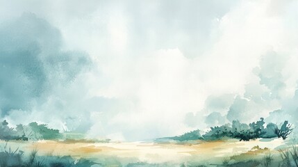 Serene Watercolor Landscape: A Tranquil Meadow Under a Misty Sky