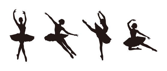 A set of illustrations of ballet movements and choreography, a dance art form that originated in Europe. Shadows of ballerinas, female dancers. © Tuesday04