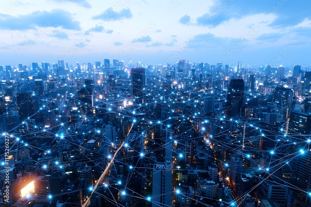 Poster hyperconnected metropolis a luminous cityscape of networked infrastructure