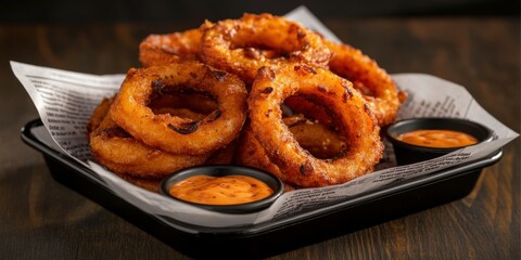 Crispy onion rings served with spicy dipping sauce on a wooden table