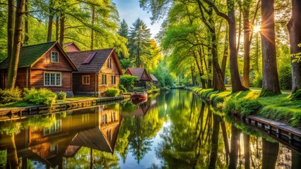 Spree Forest Berlin: Sunlit Canopy, Serene Waterways, Lush Greenery, Architectural Details, German Nature