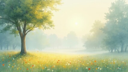 Fototapeta premium Tranquil morning landscape with a tree in a misty meadow